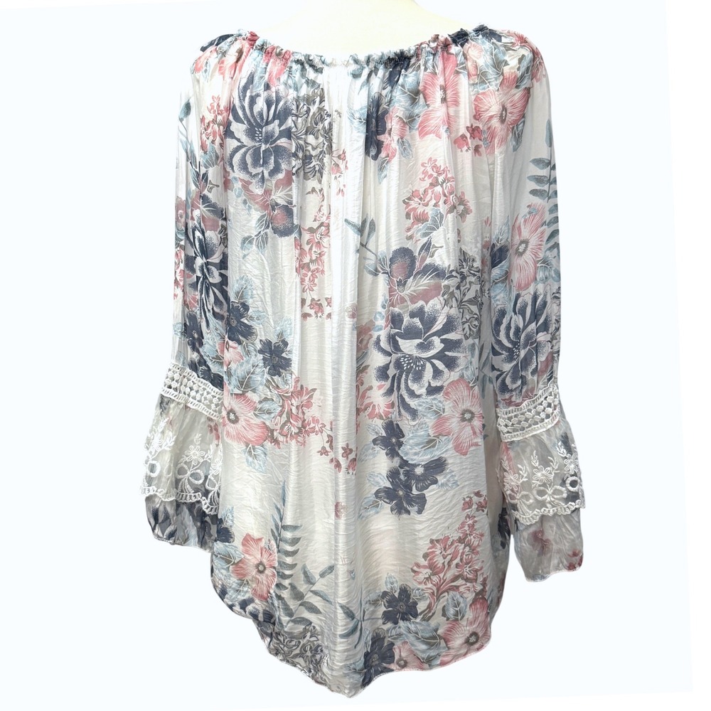 Belle France Silk Floral Boho Blouse XL Bell Sleeve Lace Boho Fairy Cottagecore - Picture 5 of 11